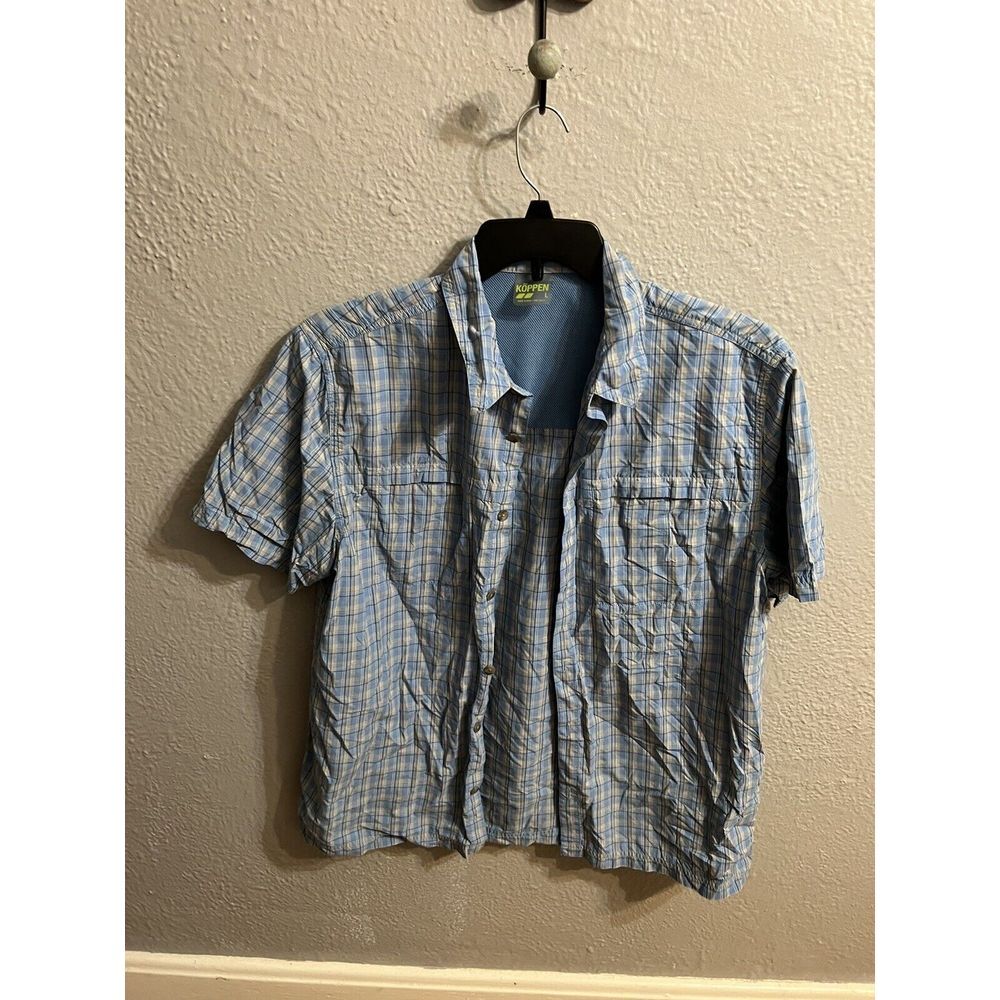 Men's Koppen‎  Blue Plaid Short Sleeve Button Front Vented Nylon Shirt Size L